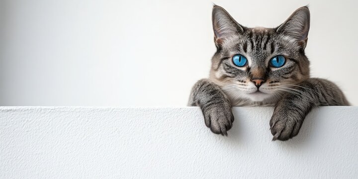 A curious gray tabby with mesmerizing blue eyes peeks from a white wall. Its front paws daintily rest on the edge, gazing leftward into mystery