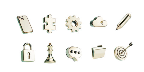 3d gold metallic iconset, cloud, 3d corporate illustration icons for an app