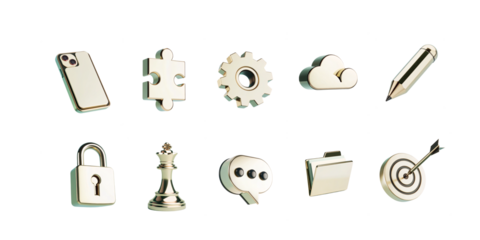 3d gold metallic iconset, cloud, 3d corporate illustration icons for an app