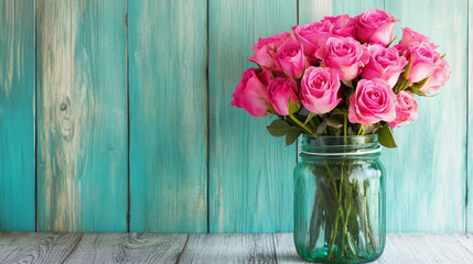 Elegant pink roses in a rustic blue vase on a vintage wooden table with a distressed turquoise background, perfect for home decor, floral arrangements, romantic settings, and holiday greetings.

