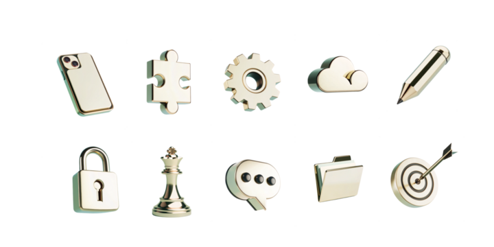 3d gold metallic iconset, cloud, 3d corporate illustration icons for an app