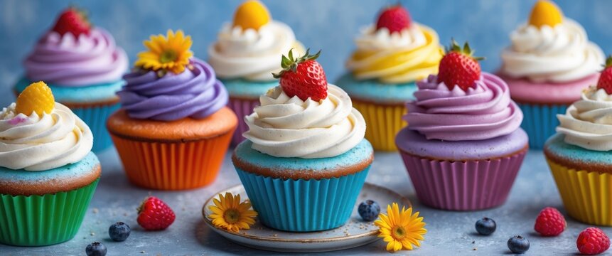 Vibrant assortment of colorful cupcakes topped with fresh fruits and decorative frosting against a soft blue background with space for text.