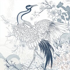 Elegant Crane in Blossom A Delicate Line Art Design
