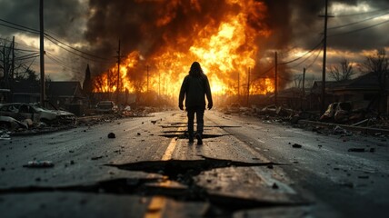 Fototapeta premium A lone survivor stands on a cracked highway as a giant earthquake splits the ground, fire and smoke rising from the ruins