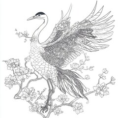 Intricate Line Art of a Crane Bird Amongst Magnolia Blossoms