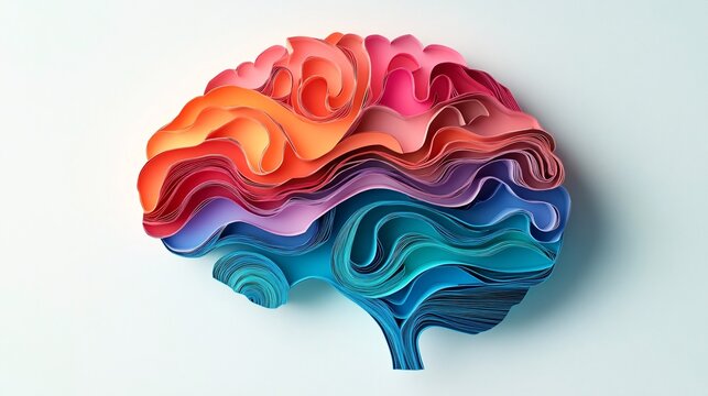 paper cut brain, with colorful sections representing mental health, emotion, and cognitive areas, showcasing emotional balance.