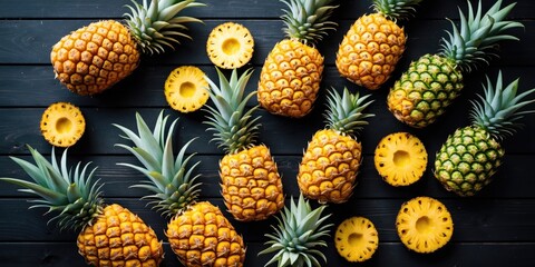 Fototapeta premium Fresh Pineapples Arranged on Dark Wooden Surface with Sliced Pieces and Blank Space for Text or Promotional Material