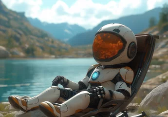 Gordijnen A robot in a chair relaxes by the lake, enjoying the fresh air. © Andreas