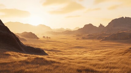 Naklejka premium Golden Hour Desert Landscape: Sunrise Over a Vast Arid Plain