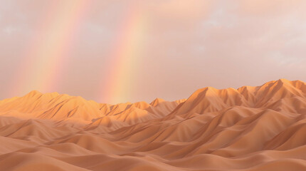 Dreamscape, Pastel Mountains Under a Radiant Rainbow Sky Rendered in 3D