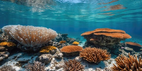 Fototapeta premium Vibrant Coral Reef Under Crystal Clear Water with Abundant Marine Life and Room for Text Overlay