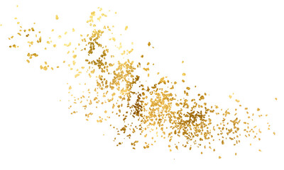 Golden sparkle splatter border. Gold Foil. Pieces flakes of gold foil on transparent background. Gold glitter particles falling isolated on transparent background. Golden dust particle confetti.