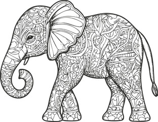 Fototapeta premium Intricate mandala elephant design in black and white outline style.