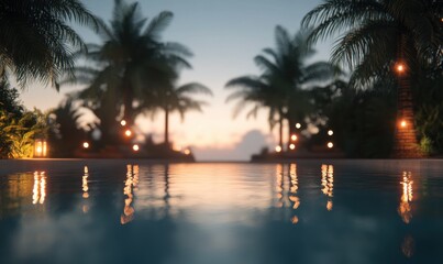 Tranquil evening by a tropical pool, with palm trees and soft lights reflecting on water