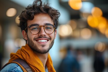 Obraz premium Young man wearing glasses and a scarf smiles happily in a modern indoor space during the day