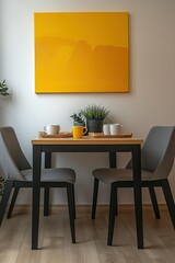 Modern Dining Room Table Setting With Yellow Abstract Art