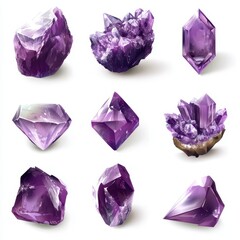 Various brilliant purple amethysts of different cuts and shapes arranged aesthetically on a white background