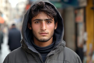 Young man in a hooded jacket standing on a busy street in the neighborhood during the autumn season