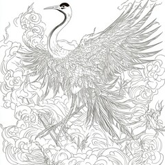 Obraz premium Intricate Line Art of a Crane in Flight Amidst Stylized Clouds