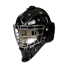 A black goalie helmet with a metal cage on a white background