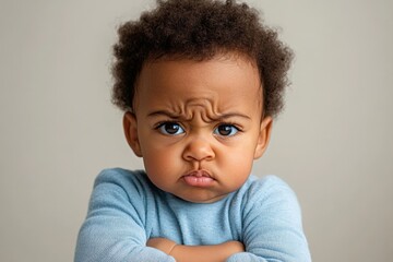 Naklejka premium Child with furrowed brows and crossed arms displays a serious expression indoors