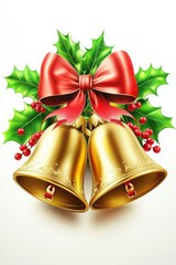 Golden Christmas bells with a red ribbon and holly leaves decorated with berries on a white background

