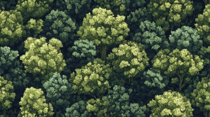Naklejka premium Aerial view of a lush forest showcasing a beautiful array of green trees, with varying shades of foliage creating a vibrant pattern.