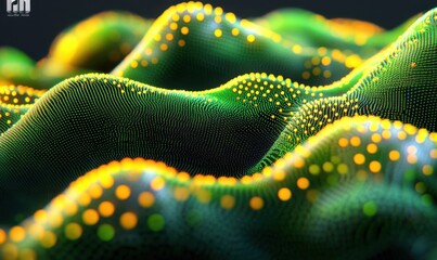 Fototapeta premium Vibrant abstract landscape of green and yellow dots forming undulating waves in a digital space
