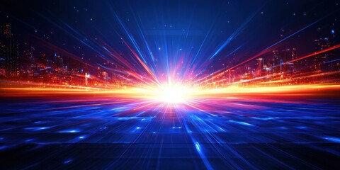 Obraz premium A vibrant digital landscape with dynamic beams of light radiating from a central point, creating a futuristic atmosphere.