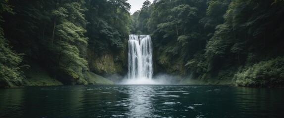 Naklejka premium Majestic Forest Waterfall Cascading Into Tranquil Waters with Lush Greenery and Abundant Copy Space for Text Overlay