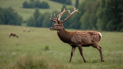 Majestic deer stag with growing antlers grazing in lush green meadow surrounded by serene landscape and distant deer in the background.