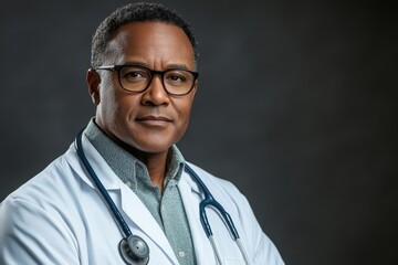 Experienced doctor in professional attire looking confidently at the camera with a stethoscope around his neck