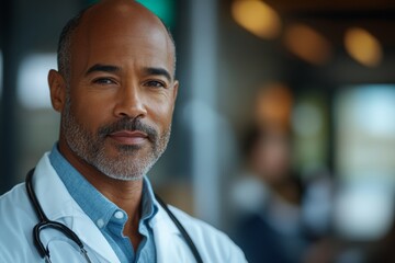 Fototapeta premium Experienced male doctor in a medical setting, demonstrating professionalism and care with a stethoscope around his neck