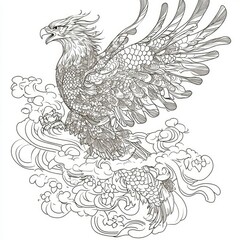Intricate Line Art Eagle in Flight Amidst Stylized Clouds
