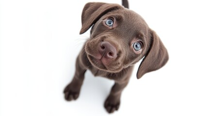 A curious brown Labrador puppy with striking blue eyes gazes upwards, displaying its playful and affectionate nature against a bright white background.