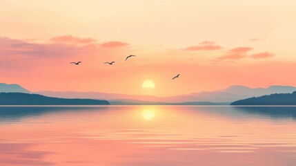 Obraz premium A serene sunset over calm waters, with silhouettes of birds flying across a pastel sky, creating a tranquil and picturesque scene.
