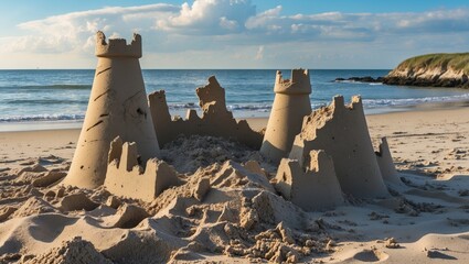 Weathered Sandcastle Ruins on Beach Against Scenic Coastal Background