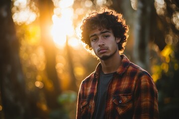Young man standing in the woods with sunlight filtering through trees during golden hour
