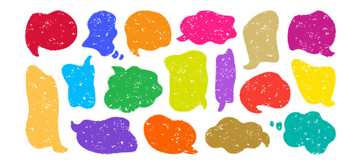 Speech bubble crayon icon, text frame chalk, talk balloon pastel, sketch doodle cloud, colorful comic box grunge texture, cute chat charcoal drawn isolated on background. Cartoon vector illustration