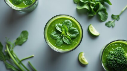 Obraz premium Detox Green Vegetable Smoothies in Glasses with Fresh Ingredients on a Light Grey Background Natural Healthy Drink Concept