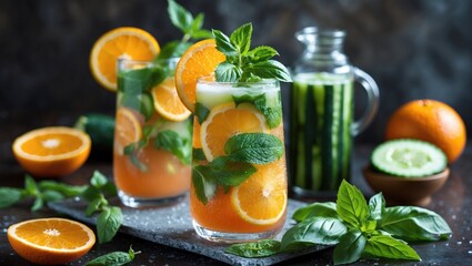Fototapeta premium Refreshing Detox Drinks Featuring Orange, Mint, Cucumber, and Basil in a Vibrant Setup for Health and Wellness Promotion