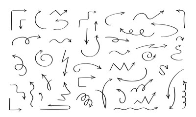 Set of black curved linear doodle arrows pointers.Isolated on white background.Vector illustration.