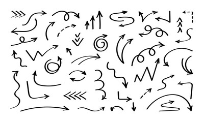 Collection of doodle curved arrows and pointers isolated on white background.Vector illustration.