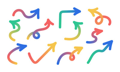 Set of gradient bold curved doodle arrows pointers. Isolated on white background. Vector illustration.