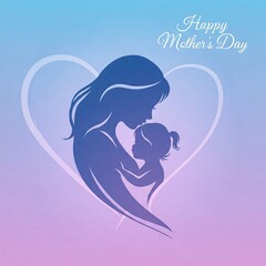 Illustration for Mother's Day with a stylized silhouette of mother and child in soft blue and lilac tones