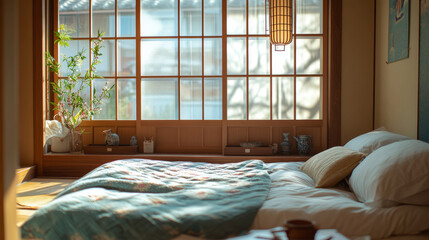 Fototapeta premium Japanese hotel bedroom interior cartoon vector illustration. Room with bed, pillow, blanket and chinese indoor oriental decoration. Luxury eastern home with sunlight from window panorama concept