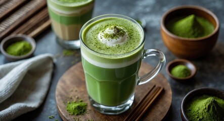 Matcha Latte in a Glass with Whipped Cream and Green Tea Powder Surrounding on Rustic Tabletop