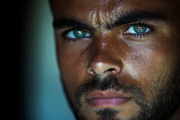 Fototapeta premium Intense gaze of an individual with striking blue eyes captured in a close-up setting revealing emotion and strength