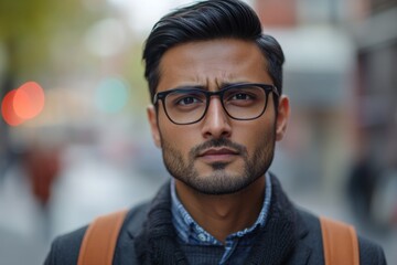 Obraz premium Focused man with glasses on a busy city street during a fall afternoon