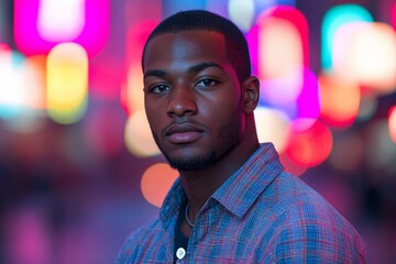 Fototapeta premium Young man poses confidently in a vibrant urban setting filled with colorful lights during nighttime